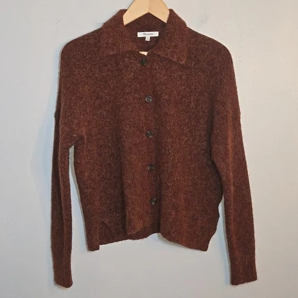 Madewell Carrabelle Polo Cardigan Alpaca Mohair Sweater In Heather Mahogany - Picture 4 of 14